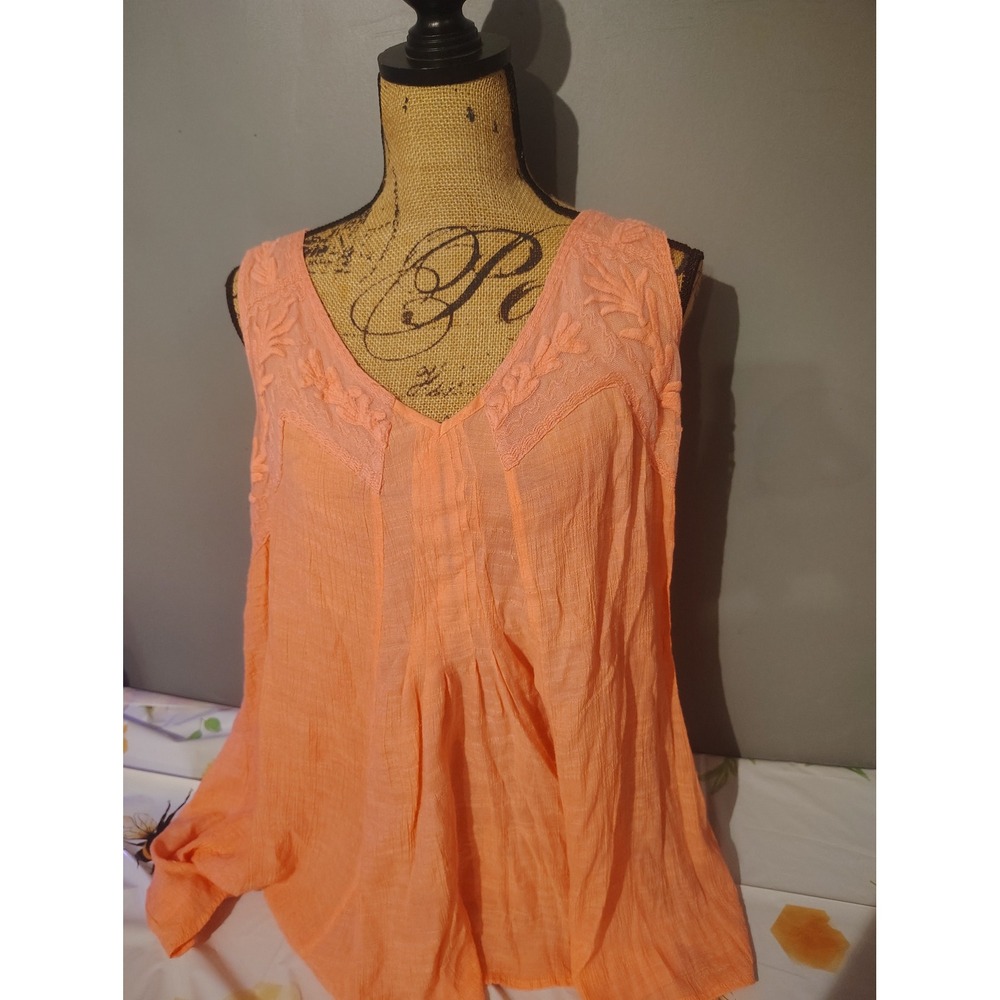Spense Woman Peach Orange Embroidered Mesh Yoke Sleeveless Blouse 2X
